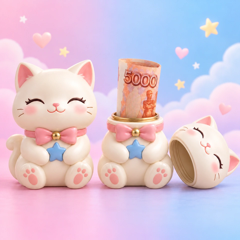Котёнок: закрытый фигурный конверт и открытый корпус с бумажной купюрой 5 000 рублей