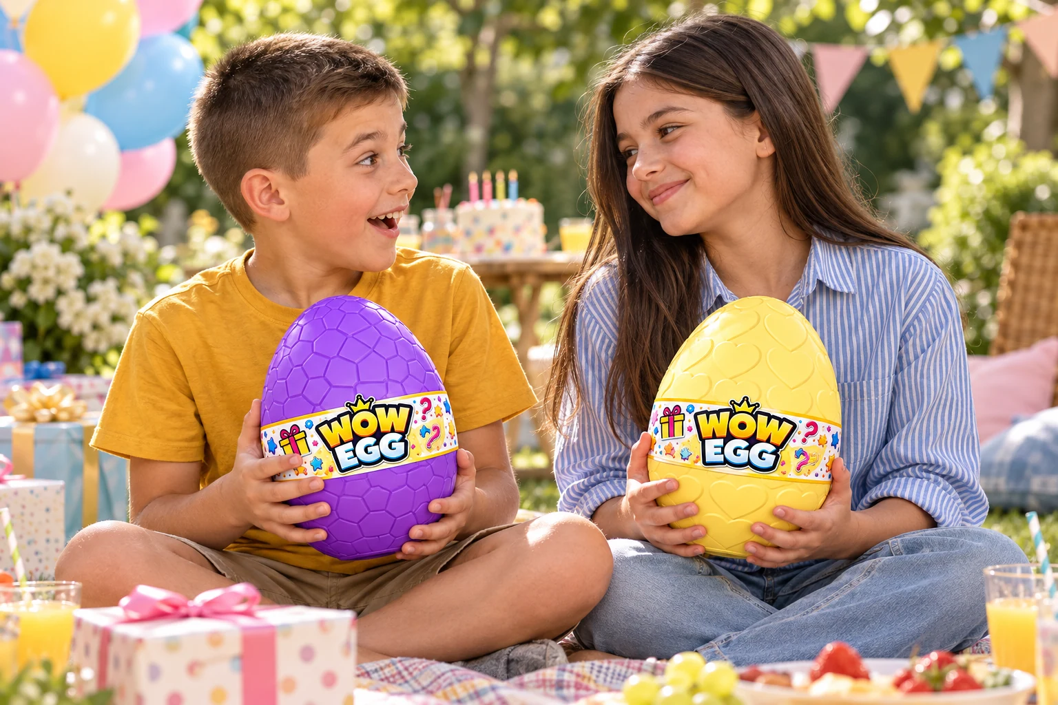 Дети с фиолетовым и жёлтым контейнерами WOW EGG