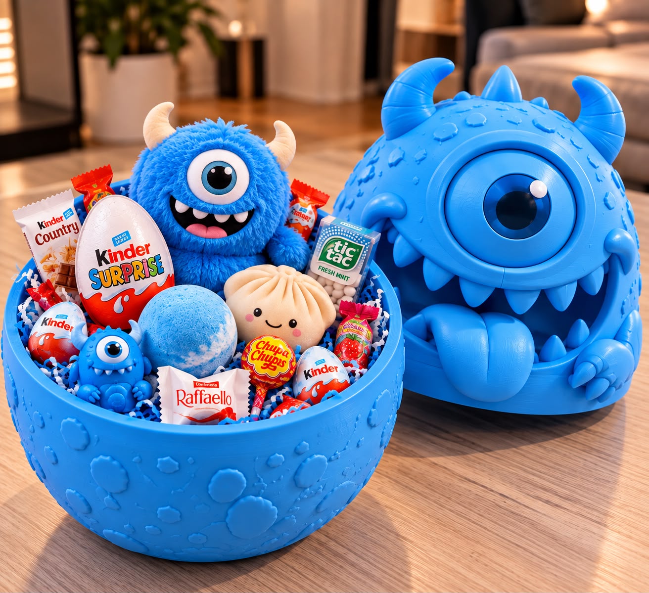 Готовый подарок WOW EGG: синий монстрик с наполнением
